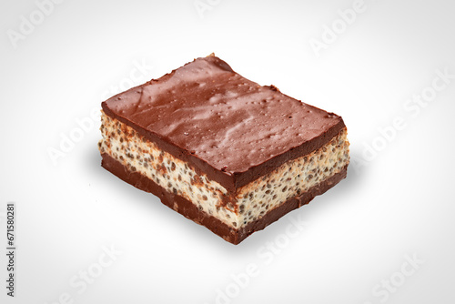Handmade brownie, chocolate soufflé, sugar-free and gluten-free. Proper Nutrition. Isolated image on a white background.