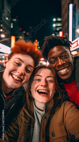 Selfie of multiethnic group of friends having fun in New York at night 