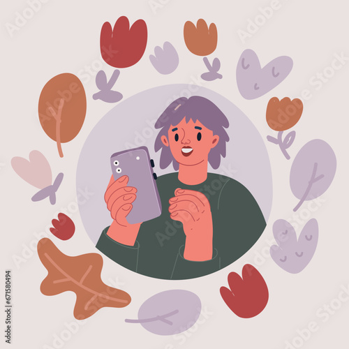 Portrait of a woman with a phone. Addiction on the smartphone and the Internet. Social networks. Vector Flat Illustration