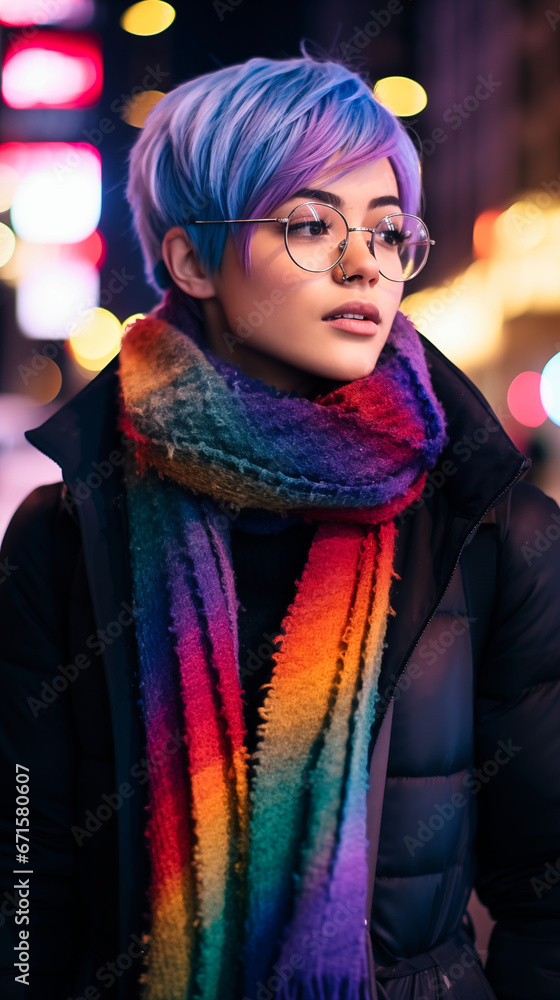 beautiful young woman with short blue hair and glasses on the street
