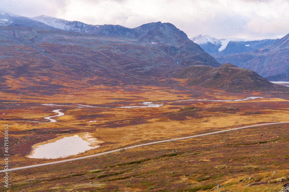 Typical landscape in Jotunheim National Park in Norway during autumn time in the Beitostølen area overlooking the Leirungsae River