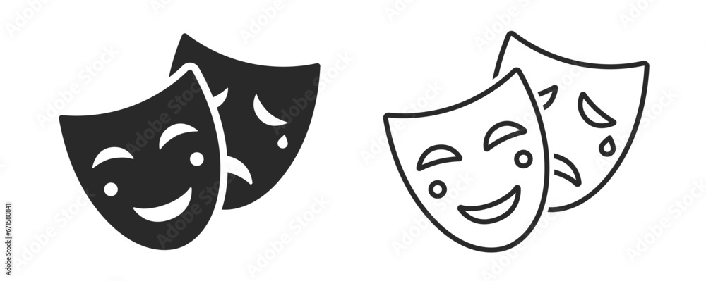Theatrical masks icon. Comedy and tragedy theatrical masks icons. Comic and tragic mask. Masquerade collection. Happy and unhappy traditional symbol - stock vector. - obrazy, fototapety, plakaty 