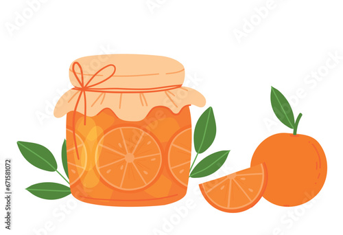 Orange jam in glass jar with slices orange isolated on white background. Homemade sweet food. Orange and jam in jar. Vector flat illustration.