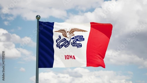 Iowa state waving flag. USA Close up American IA flag flutters in the wind. Cloudy sky background. Realistic 3d render cgi.