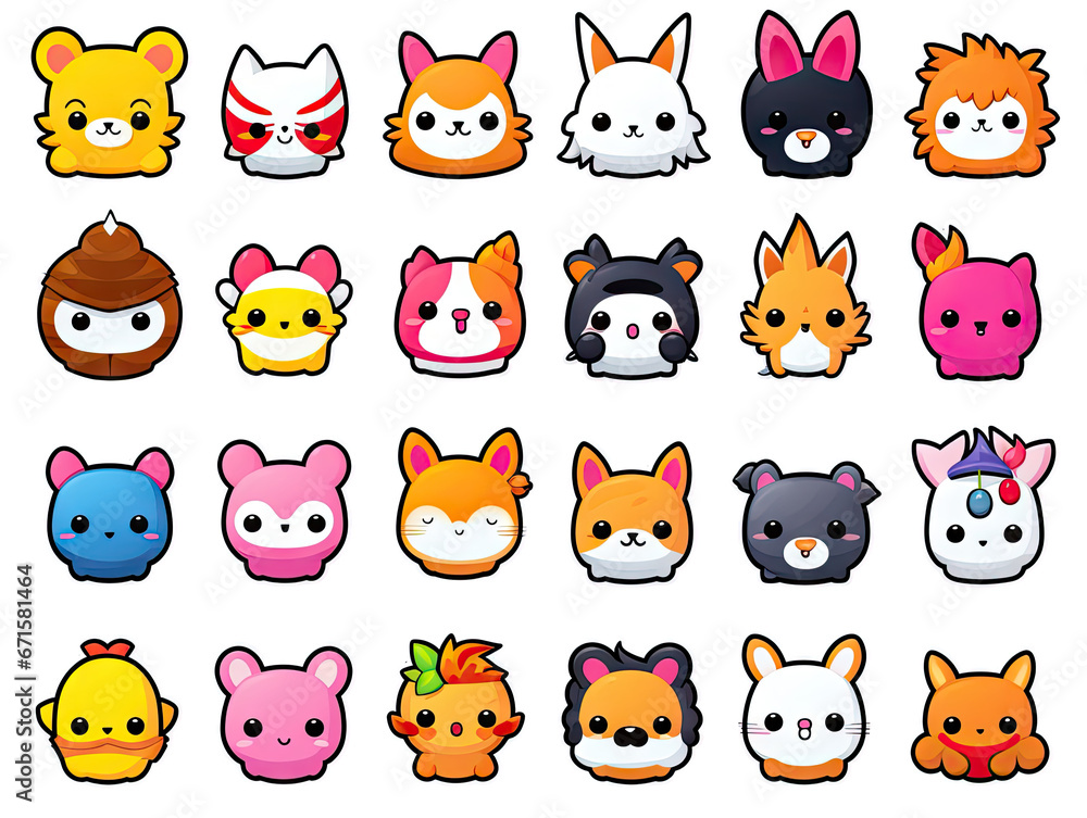 Set of fun kawaii animal stickers for decoration of all kinds on transparent background. Set of fun kawaii animal stickers for decoration of all kinds on transparent background.