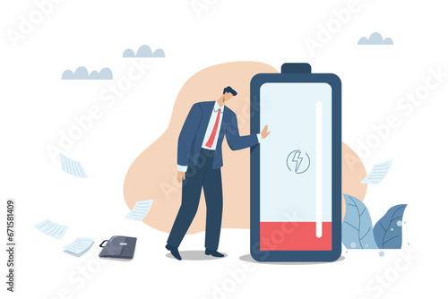 Fatigue from working too hard, Problems with boredom, Exhaustion that employees face, The businessman standing is very tired and weak with a large battery with low power.