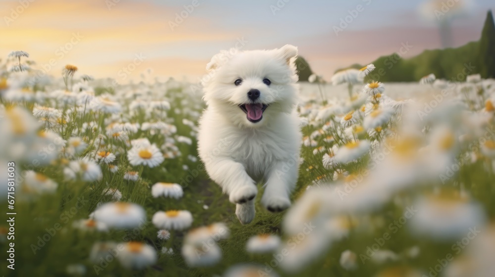 Cute fluffy puppy running on daisy field. AI generated. Cute fluffy puppy running on daisy field. AI generated.