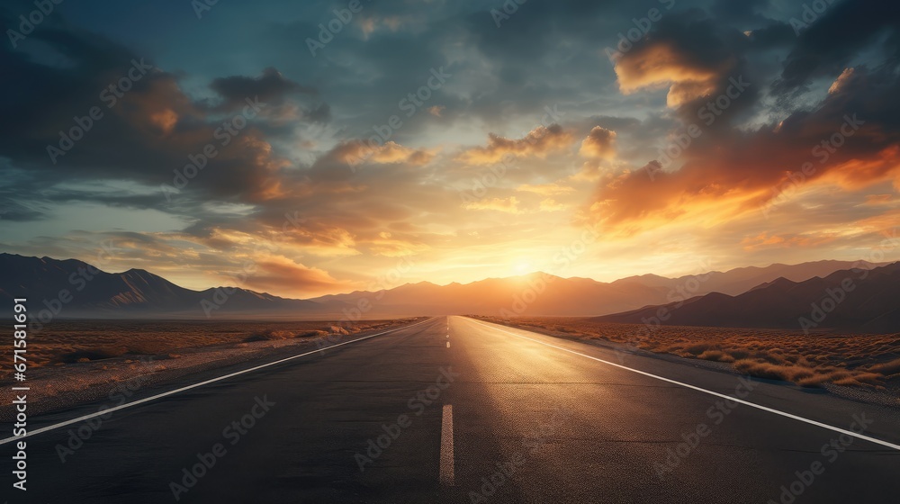 Road with stunning sunset background. AI generated.