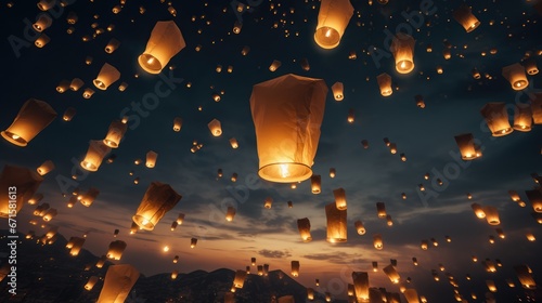 Bright paper lanterns fly away. AI generated. photo