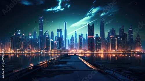 Concept of futuristic city at night. AI generated.