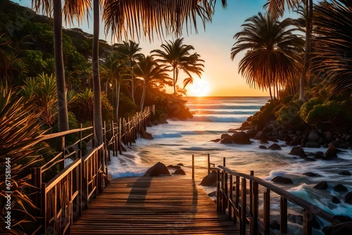 Vertical landscape photo of the setting sun lighting up blue ocean waves, Pandanus palms, Casuarina trees and a wooden path with railings leading down to Beach