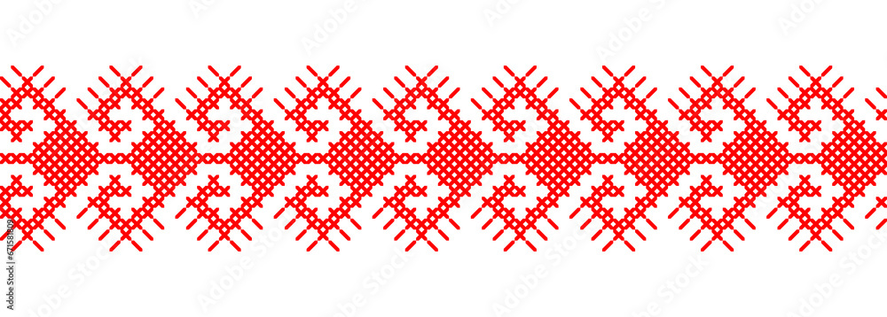 Ukrainian red ornament for textile, fabric, cloth. Vector seamless pattern, print. Ukrainian folk, ethnic ornament. Pixel art vyshyvanka, cross stitch - obrazy, fototapety, plakaty 