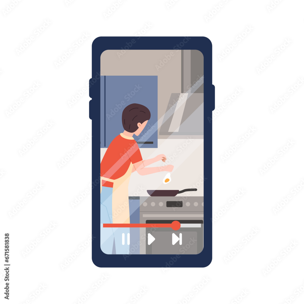 Mobile phone screen with video about cooking process flat style Mobile phone screen with video about cooking process flat style