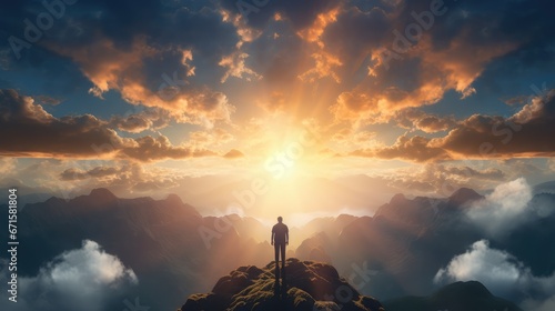 A man standing above clouds. Stunning view. AI generated. photo