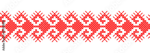 Ukrainian red ornament for textile, fabric, cloth. Vector seamless pattern, print. Ukrainian folk, ethnic ornament. Pixel art vyshyvanka, cross stitch
