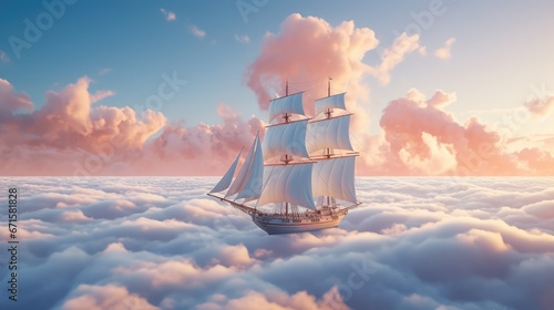Sailing ship in heaven. Dream concept. AI generated. photo