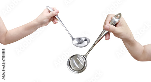 Fotografie Stainless steel ladle in hand PNG transparent
