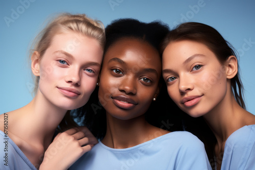 Retrato de mujeres jovenes de diferentes etnias con la piel limpia y cuidada sobre fondo neutro. Concepto cuidado de la piel. photo