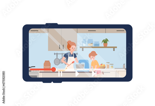 Video broadcast of lesson for cooking with children, flat vector isolated.
