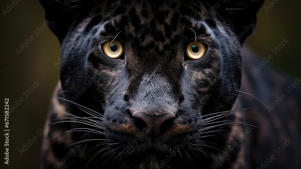 A Black Leopard In a Close-Up, Looking towards camera With Its Beautiful Eyes
