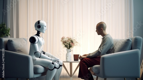 A man confides his psychological distress to her robotic assistant. Concept of psychological support thanks to AI.