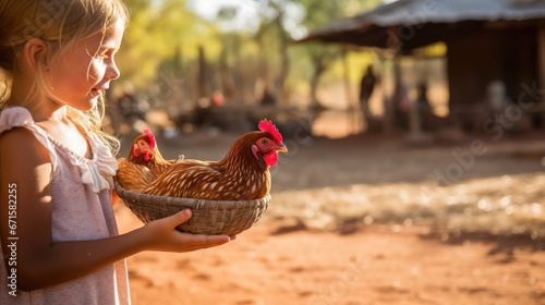 A child holds chicken food in her outstretched palms, towards a tame chicken, who approaches her. Focus is on the red hen. Various other chickens stand in the background.
 photo