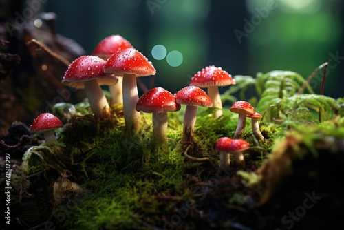 Group of fungi little fresh mushrooms growing in autumn forest. Amanita muscaria or fly agaric mushroom. Mushroom picking concept. Magical forest