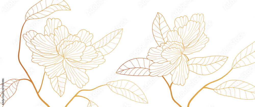 Luxury golden botanical vector background. Golden gradient. Peonies, floral lines, wallpaper design for prints, covers, wall art, greeting cards, wedding cards