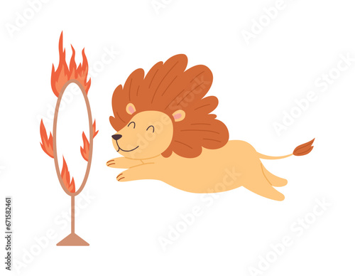 Trained circus lion jumps through a burning ring vector illustration isolated.