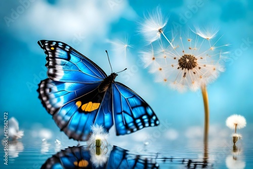 Natural pastel background.  butterfly and dandelion. Seeds of a dandelion flower on a background of blue sky with clouds