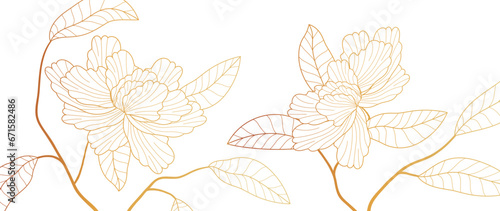 Luxury golden botanical vector background. Golden gradient. Peonies, floral lines, wallpaper design for prints, covers, wall art, greeting cards, wedding cards