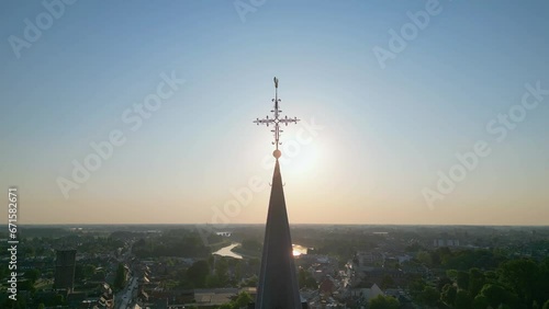 Duffel, Antwerp, Belgium, 15th of June, 2023, Aerial view over the church of Saint Martin, or Sint Martinus, in the town or village of Duffel, in the Antwerp area aerial photo showing the houses and photo