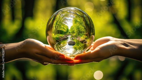 A woman with her nails painted green with a crystal ball in her hand with a landscape reflection in spring 