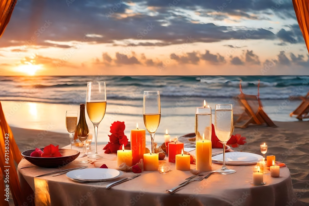 Romantic beach evening dinner during sunset: candles, champagne