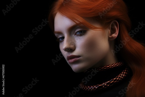studio shot of a female model with red hair and a snake