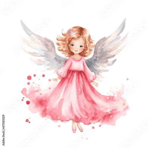 Christmas night angel with wings watercolor paint for holiday greeting card decor on white