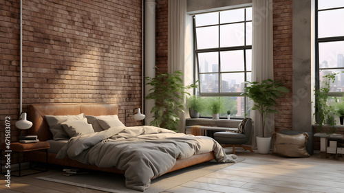 bedroom decor, home interior design . Industrial Rustic style with Brick Wall decorated with Metal and Wood material © wiparat