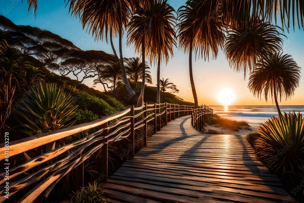 Vertical landscape photo of the setting sun lighting up blue ocean waves, Pandanus palms, Casuarina trees and a wooden path with railings leading down to  Beach