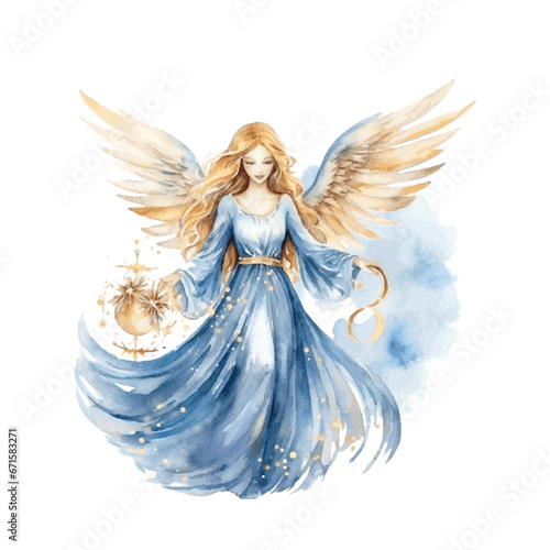 Christmas night angel with wings watercolor paint for holiday greeting card decor on white