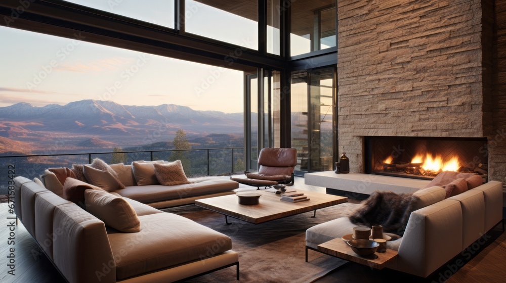 large living room window in a mountain house that overlooks the mountain range, copy space, 16:9