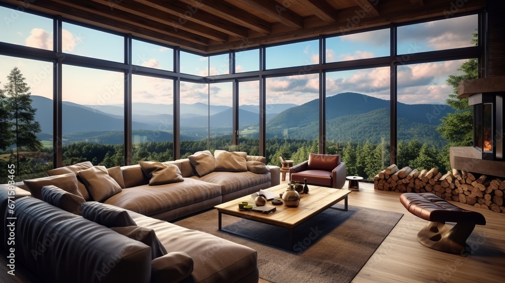 Fototapeta premium large living room window in a mountain house that overlooks the mountain range, copy space, 16:9