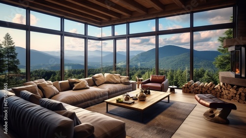 large living room window in a mountain house that overlooks the mountain range, copy space, 16:9 © Christian