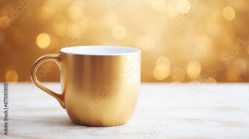 golden coffee mug on a white coffee table, copy space, 16:9
