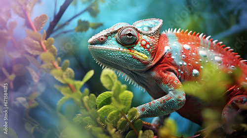 The close up portrait of the colorful chameleon lizard hangs on the tree branch. Generative AI. © Surachetsh
