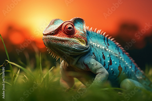 The close up portrait of the colorful chameleon lizard hangs on the tree branch. Generative AI.