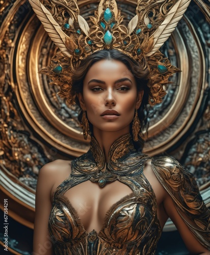 a woman wearing a gold headpiece. Fantasy