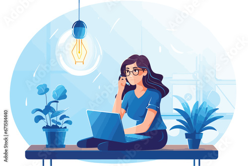 Young woman before the laptop with question mark in think bubble and finding new idea, vector illustration