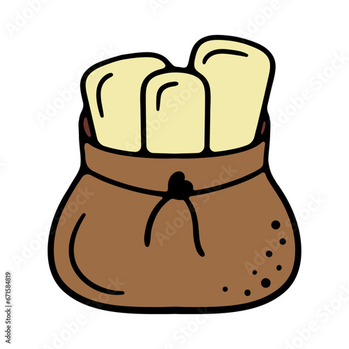 Brown bag with letters. Holiday cards, christmas, new year, december 25, eve, party, gifts, santa claus, children, giving, surprise, celebration, envelope, postcard, paper packaging. Colorful icon