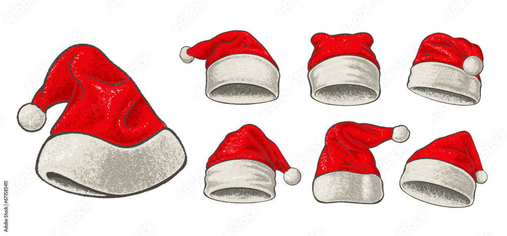 The Santa Claus hat set is made in a sketch style. Isolated on white background. Vector. - obrazy, fototapety, plakaty 