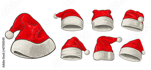 The Santa Claus hat set is made in a sketch style. Isolated on white background. Vector.